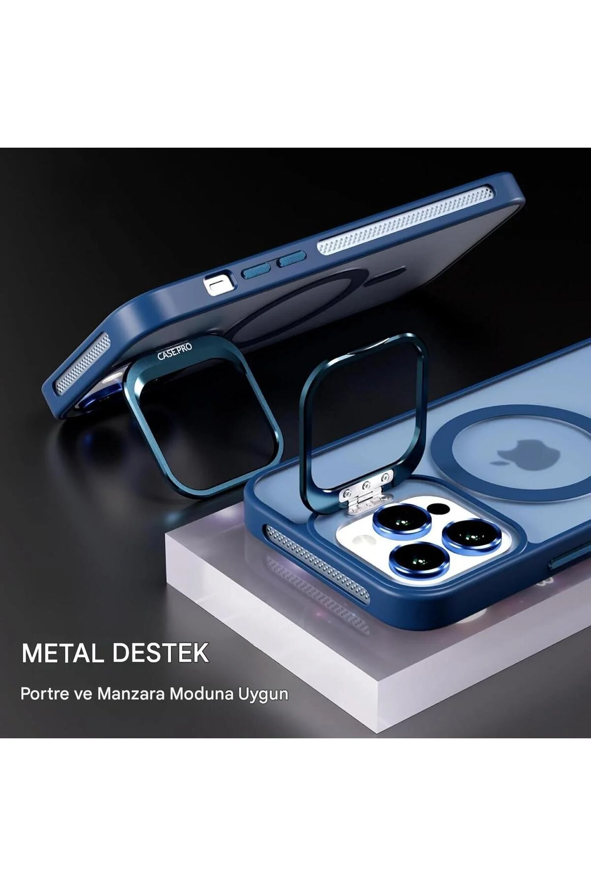 İphone 14 Pro Uyumlu Magsafe Kılıf Mıknatıslı Standlı Darbeye Dayanıklı Mat Şeffaf Arka Kapak Lens li Lacivert