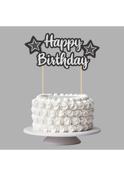 Siyah Gümüş Yıldız Temalı Happy Birthday Kaligrafi Pasta Üstü Süs Tüm Yaşlar