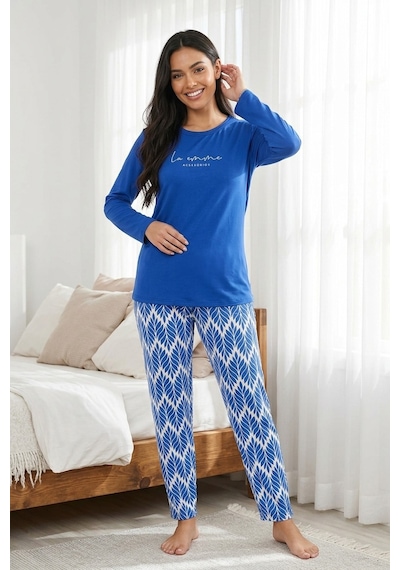 Aura Collections Kadın Desenli Bambu Viskon Uzun Kollu Soft Örme Mevsimlik Pijama Takımı Mavi