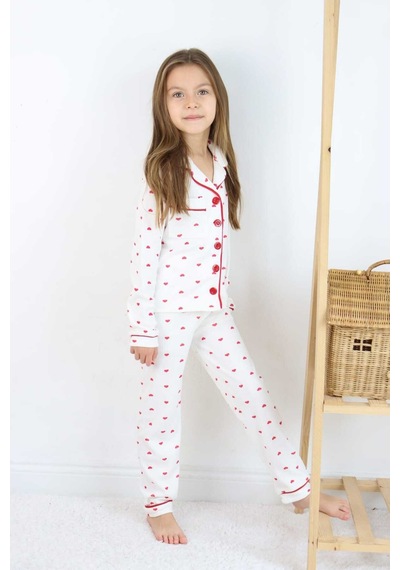 Esila Kids Kız Çocuk Pijama Takımı Kalp Desenli Yakalı Önü Düğmeli Cep Detaylı 4-12 Yaş Arası Kırmızı