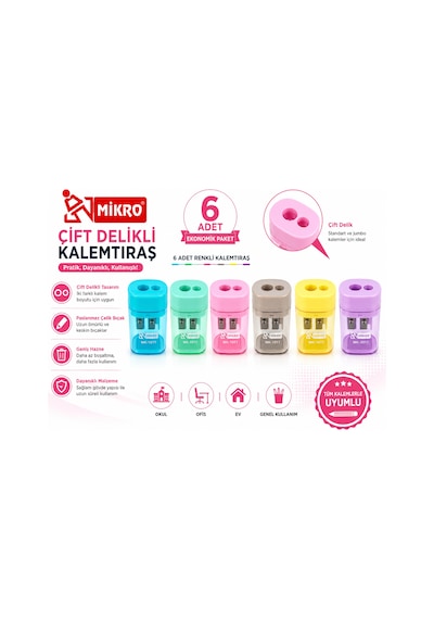 Mikro Çift Delikli Kalemtıraş 6 Adet Hazneli Standart Ve Jumbo Kalem Uyumlu Mk-1011