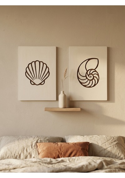 Maris Relief 2'li Duvar Sanatı Seti - Modern Minimalist Deniz Kabuğu Motifli Kazıma Tablo