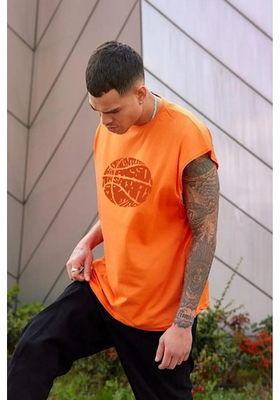 Baskılı Oversize Unisex Kolsuz Tişört Turuncu2