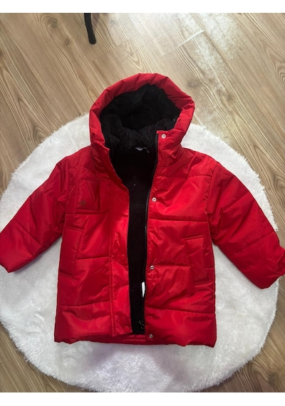 Cg Kids Kırmızı Yandan Cepli Fermuar Çıtçıt İçi Kürklü Şapkalı Unisex Mont Kırmızı