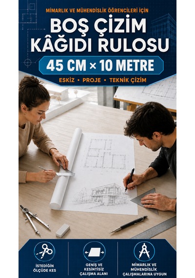 Haydi Dekor 45 Cm 10 Metre Boş Çizim Kâğıdı Rulosu Mimarlık Ve Mühendislik Öğrencileri Için Teknik Çizim, Eskiz, Proje, Tasarım Kağıdı