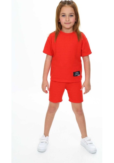 My Kids Wear Bisiklet Yaka Şortlu Kız Çocuk Şortlu Takım Neon Turuncu