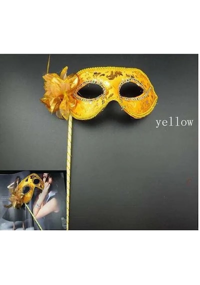 Esenoselect Lüks Taşlı Saplı Maskeli Balo Maskesi Altın Renk 35 Cm -