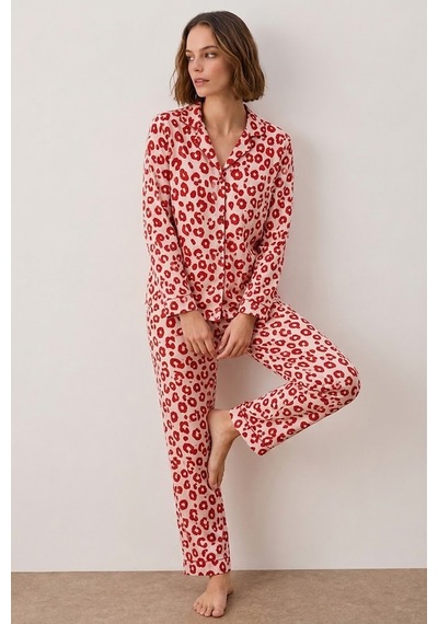 Fit Women Kadın Gömlek Yakalı Uzun Kollu Kırmızı Pijama Seti