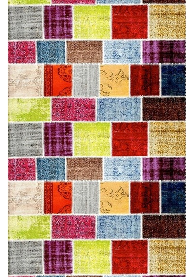 Çok Renkli Patchwork Eskitme Desenli Dijital Baskılı Kaymaz Tabanlı 6 Mm Yıkanabilir Halı