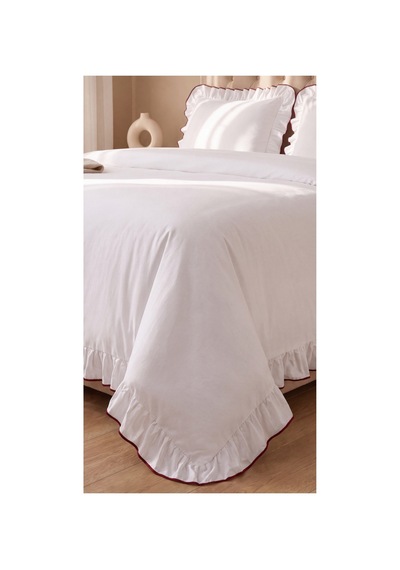 %100 Pamuk Overloklu Fırfırlı Çift Kişilik Nevresim Takımı Lastikli Çarşaflı 200x220 Cm Bordo - 904804703 Bordo