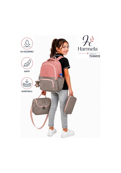 Suya Dayanıklı Pudra-vizon İlk Okul Çantası 3'lü Seti Unisex Çocuk Sırt İlkokul Çantası 8010 Fuşya