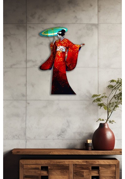 Geisha Japon Sanat Tasarımlı Metal Duvar Dekoru Kırmızı Kimono Figürü