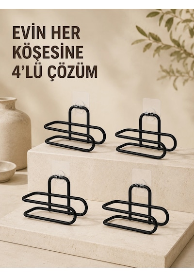 Delmeden Monte Tuvalet Kağıdı Askısı Siyah Metal Yapışkanlı Banyo Kağıtlığı 4 Lü Set Su
