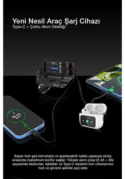 66w Araç Hızlı Şarj Cihazı Usb-c & İos Uyumlu Geri Çekilebilir Kablo Dijital Ekran 66w Black