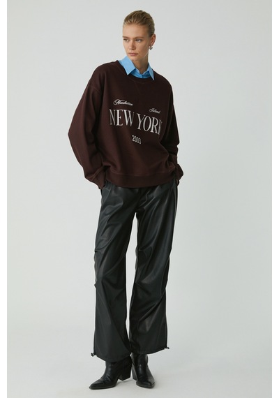 ETHIQUET PETRABB Kadın Içi Polarlı Yumuşacık Comfort Önü Nakışlı Örme Bordo Büyük Beden Sweatshirt