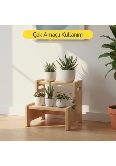 Ahşap Çift Basamaklı Yükseltici Tabure, Çok Amaçlı Ev Ve Banyo Basamağı, Dayanıklı Ahşap Tasarı Kahverengi