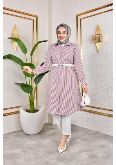 Harman Butik Kemerli Çizgili Keten Gömlek Mor Mor