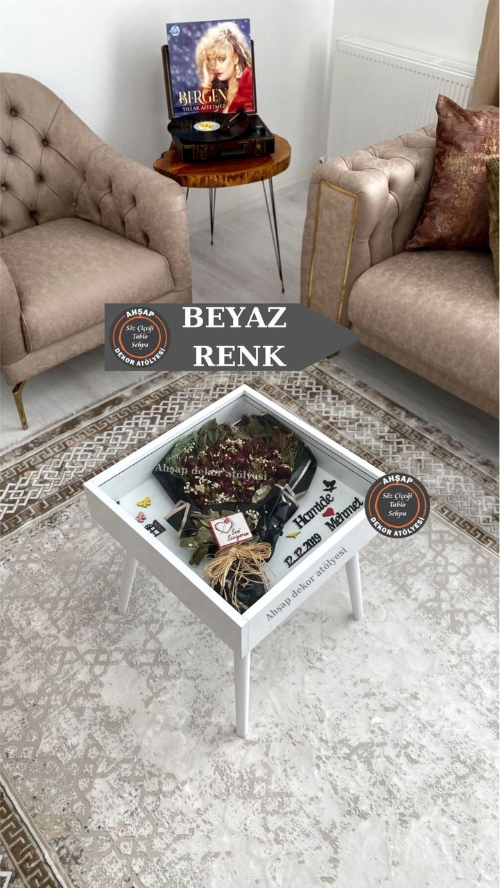 Ahsen Ahşap Buket Anı Sehpası Kişiye Özel Ahşap Dekoratif Hatıra Sehpası Beyazb