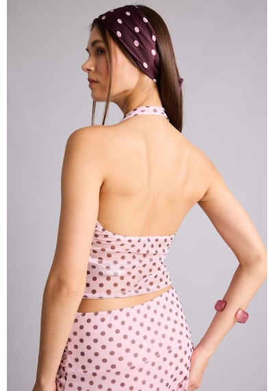 Defacto Fıtted Puantiye Halter Yaka Tül Pembe Bluz H5916ax26smpn440 Pembe-pn440
