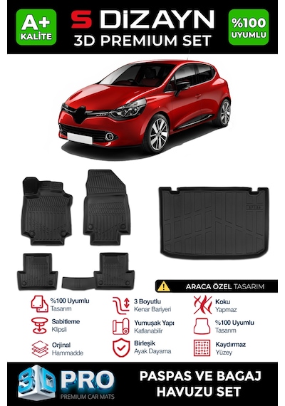 S-dizayn Renault Clio 4 3d Pro Havuzlu Paspas Ve Bagaj Havuzu Seti 2'li Set 2012-2019 A+ Kalite