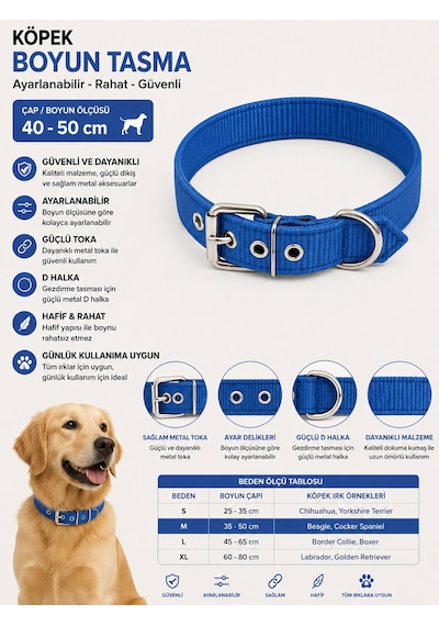 Köpek Boyun Tasması 40-50 Cm Ayarlanabilir Dokuma Metal Tokalı D Halkalı - Mavi Çok Renkli