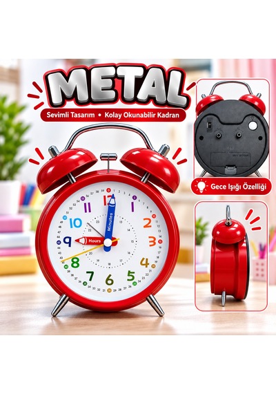 Eğitici Ve Eğlenceli Renkli Çalar Saat Pilli, Metal Gövdeli Çocuk Saati Kırmızı