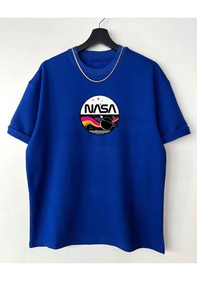Flood Of Style Kadın Mavi Nasa Oversize Bisiklet Yaka Tshirt