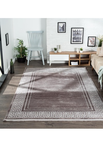 Trend 2809 Gri Halı Krem Kenar Çerçeveli Modern Ince Yumuşak Akrilik Tozuaz Salon Halısı Koridor-942 Gri