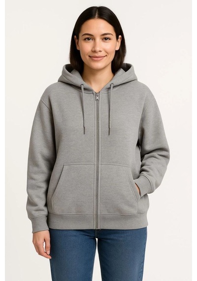 Kadın 3 İplik Pamuklu Kapüşonlu Tam Fermuarlı Kanguru Cepli Sweatshirt Hoodie - Gri