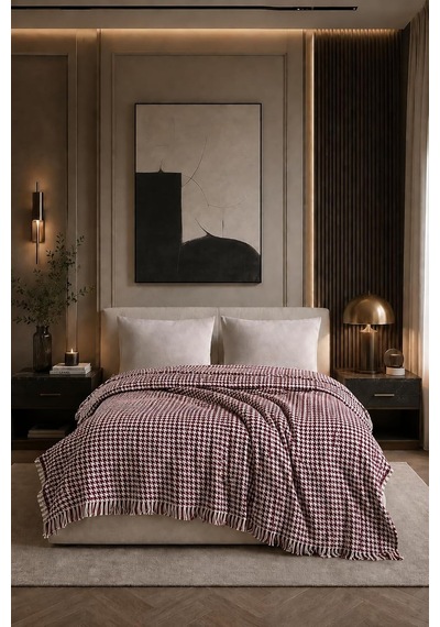 Bordo Çift Kişilik Pike Kazayağı Desenli Dekoratif Yatak Örtüsü 200x220 Cm Saçaklı Çok Renkli