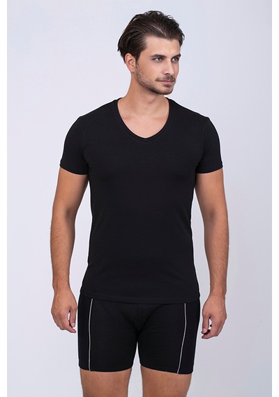 Çift Kaplan Erkek Elastanlı V Yaka T-shirt 0956 3'lü Siyah