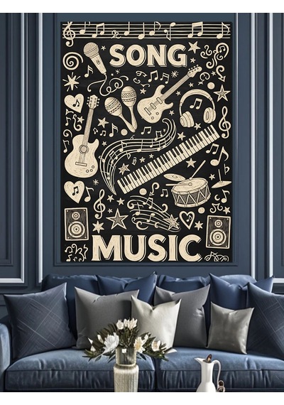 Siyah Müzik Aletleri Posteri Dekoratif Kanvas - Mdf Ahşap Tablo