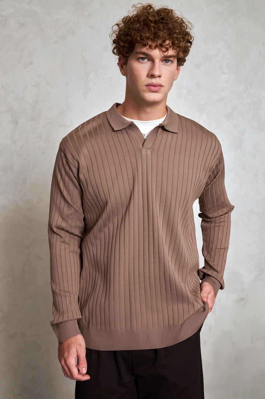 Erkek Polo Yaka Fitilli Oversize Triko Kazak Vizon