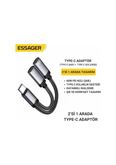 Essager 2in1 Type-c Adaptör 60w Hızlı Şarj + Type C Kulaklık Çıkışı, Hifi Ses Ve Hızlı Şarj Adaptörü Gri