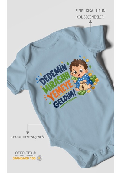 Morivokids Dedemin Mirasını Yemeye Geldim Kısa Kollu Bebek Body %100 Pamuk Bebe Mavisi