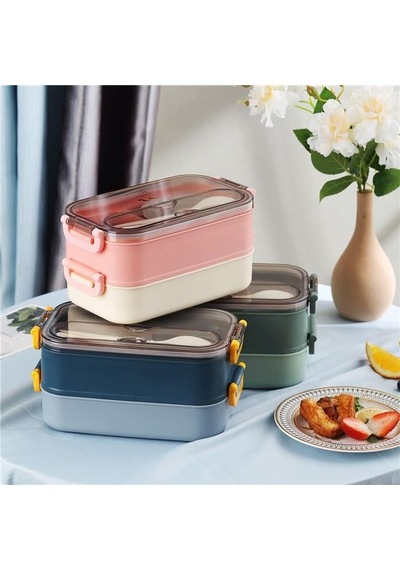 Vagonlife Bento 1500ml 2 Katlı 3 Bölmeli Paslanmaz Çelik Yemek Kutusu Yeşil Beyaz