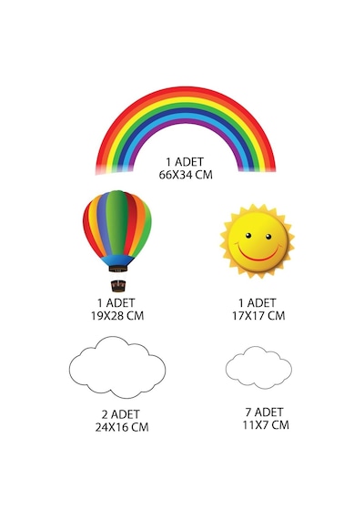 Rengarenk Gökkuşağı, Uçan Balon, Güneş Ve Bulutlar Duvar Sticker Seti - Bebek Ve Çocuk Odası De