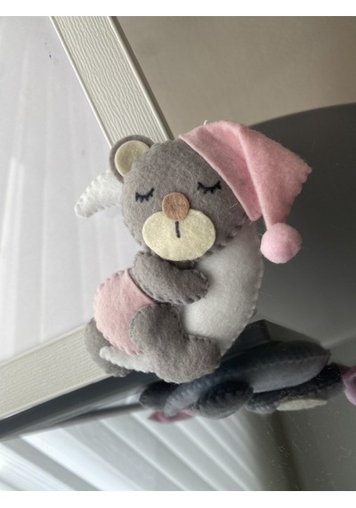 Bebek Odası Çerçeve Aylı Ayıcık Pembe Gri