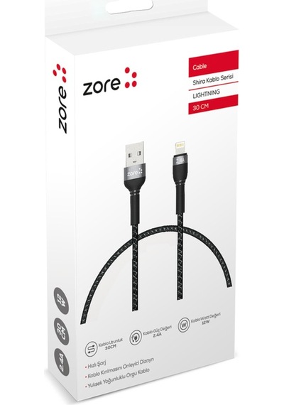 Shira Serisi Lightning Usb Kablo 30 Cm-Siyah