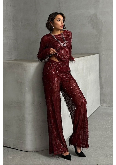 Verymoda Pullu Tül Pantolon F1611 Bordo