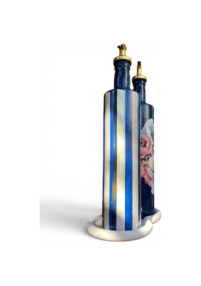 750 Ml Büyük Boy El Yapımı Cam Yağdanlık Sirkelik 2'li Set Çiçek Desenli Ve Çizgili Dekoratif Zeyt Mavi Ve Beyaz