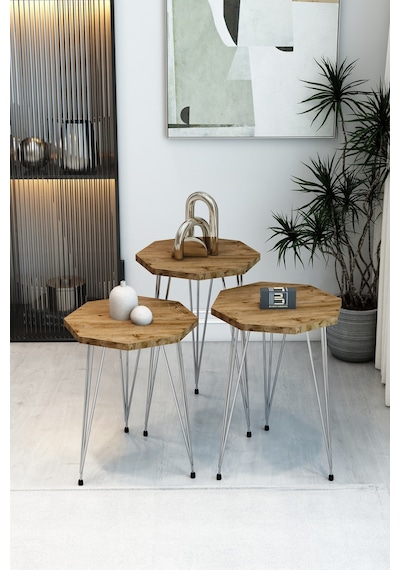 3'lü Sekizgen Zigon Sehpa Seti - Gümüş Metal Ayaklı, Modern & Şık Yan Sehpa, Dayanıklı Salon Ofis Atlantik Çam