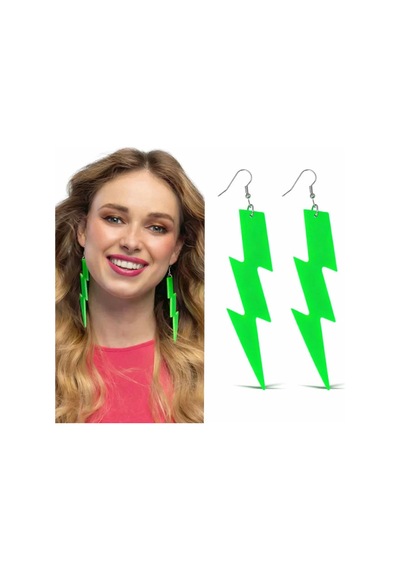 80 Ler 90&amp 39 Lar Retro Neon Yeşil Şimşek Küpe 10 Cm Yetişkin