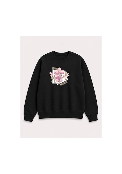 Herkesemoda Choose Çiçek Baskılı 2 İplik Şardonlu Bisiklet Yaka Sweatshirt Siyah