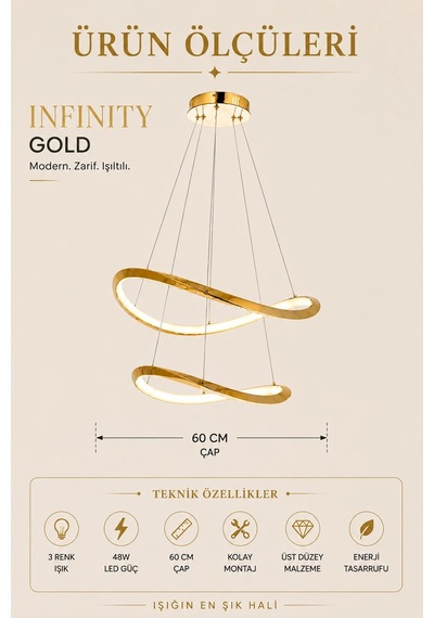 Modern Premium 2'li Gold Halka 3 Renkli Ledli Sarkıt Avizesi Salon Mutfak Oturma Odası Modelleri 48w Beyaz