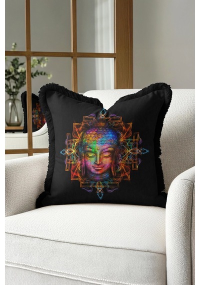 Spiritüel Zen Mandala Saçaklı Yastık Kılıfı - Meditasyon Temalı Bohem Siyah Püsküllü Kırlent Kılıfı Çok Renkli
