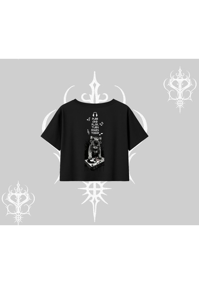 Tarzsokak Dj Kedi Baskılı Müzik Temalı Oversize Crop Tshirt Siyah
