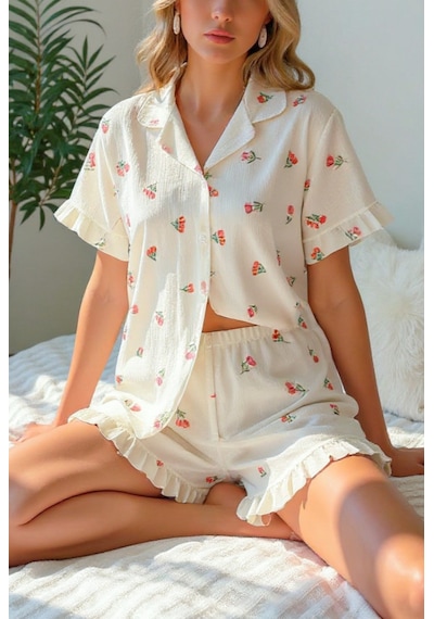 Bella Notte Çiçek Baskılı Fırfırlı Pijama Takımı Ekru