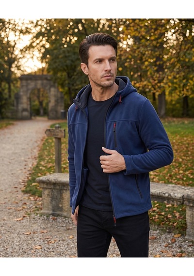 Luxıc Core Erkek Kapüşonlu İndigo Lacivert Polar 3 Cepli Fermuarlı Sıcak Tutan Kışlık Outdoor Hoodie Günlük Stilpro