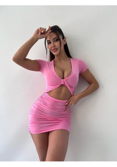 Pink Life Pembe V Yaka Hollow Out Wrap Hip Kısa Kollu Mini Elbise-pembe Pembe Pink Life Pembe V Yaka Hollow Out Wrap Hip Kısa Kollu Mini Elbise-pembe Pembe